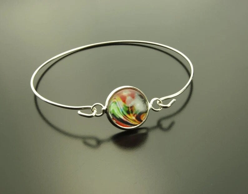 Armreif retro farbig bunt Cabochon Glas Spiralreif silber bronze Muster nach Wahl