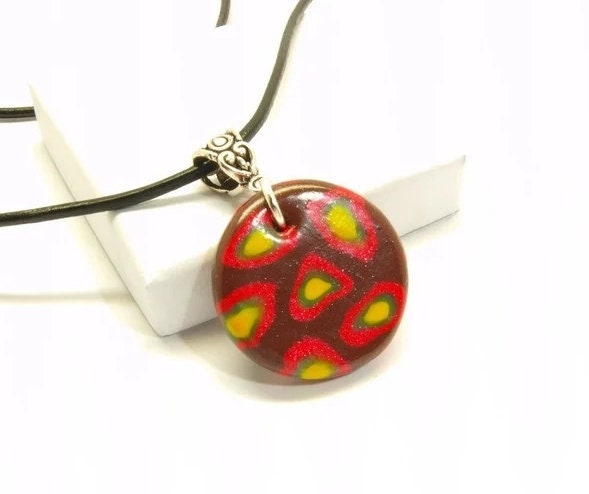 Kette Leder Cabochon Polymer Clay farbig bunt retro Muster nach Wahl