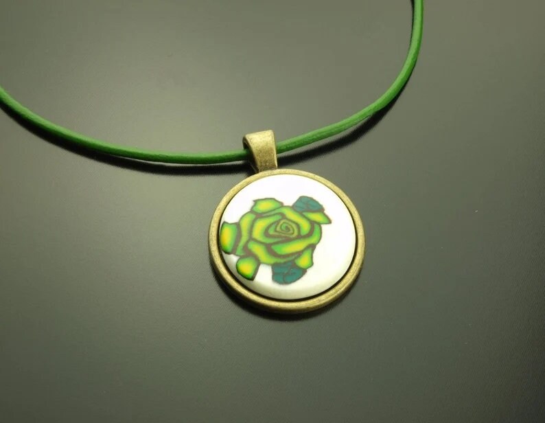 Kette Leder Cabochon Polymer Clay farbig bunt retro Muster nach Wahl