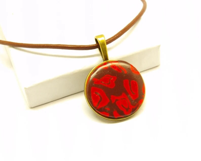 Kette Leder Cabochon Polymer Clay farbig bunt retro Muster nach Wahl