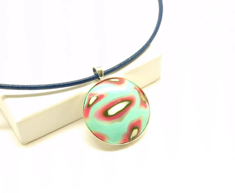 Kette Leder Cabochon Polymer Clay farbig bunt retro Muster nach Wahl