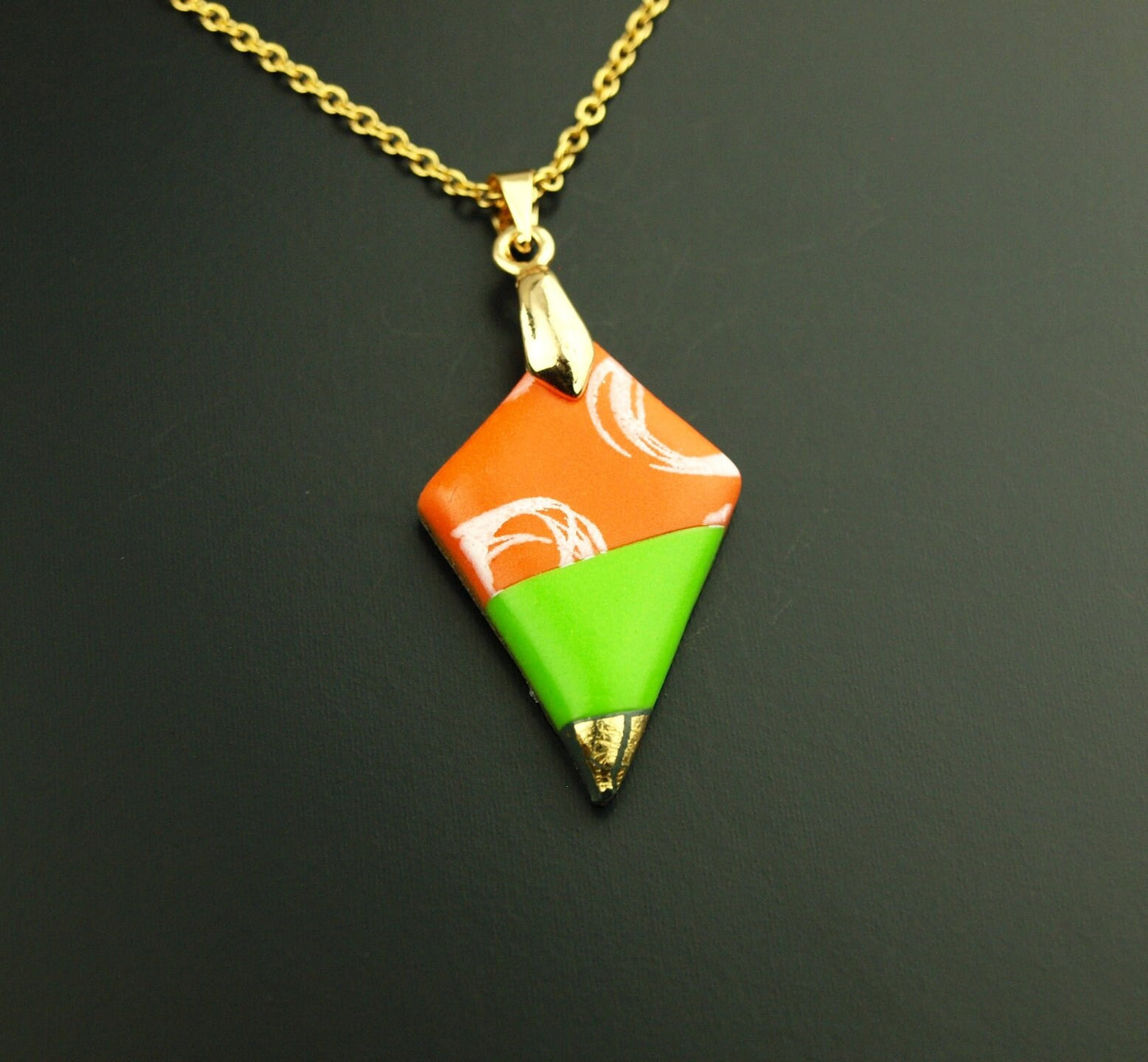 Kette Polymer Clay orange rot weiß Kreise Linien retro Lederkette Muster nach Wahl