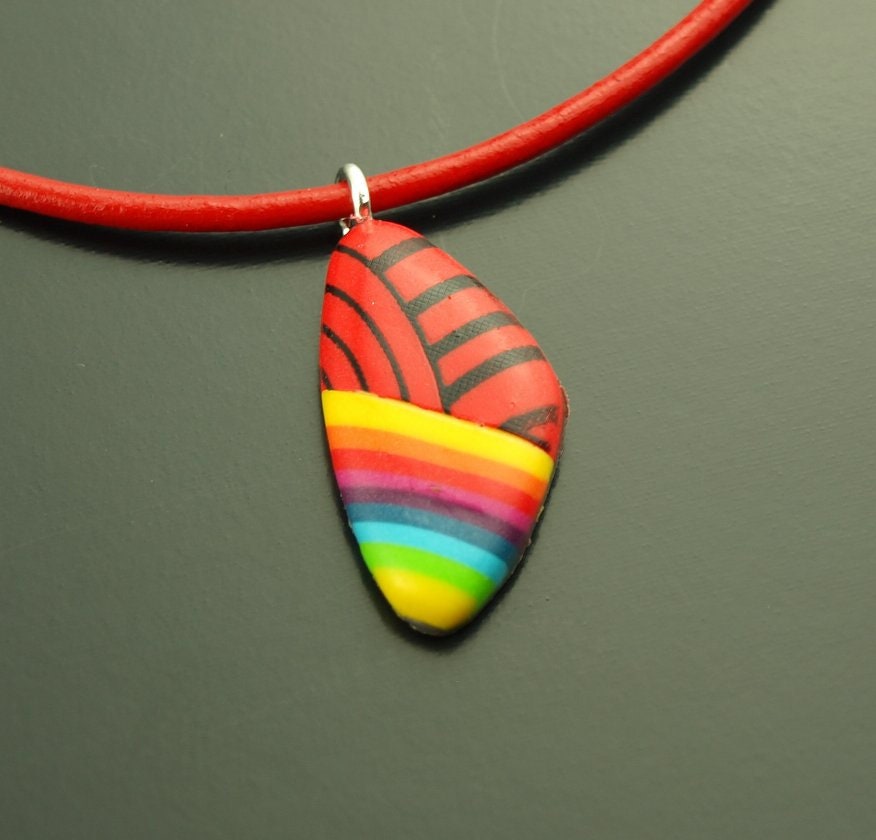 Surferkette Leder Rechteck Polymer Clay Streifen bunt Linien retro Lederkette Muster nach Wahl