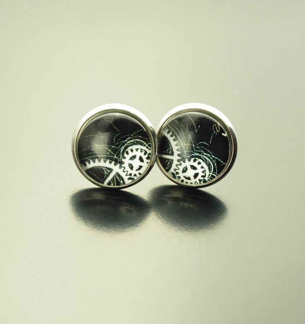 Ohrringe Steampunk Zahnrad Uhr vintage Muster Glas Papier Cabochon nach Wahl