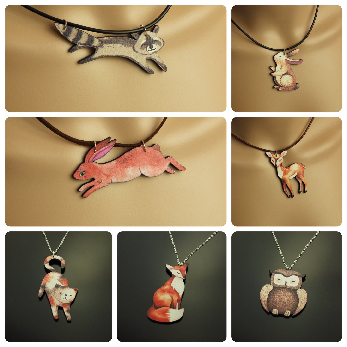 Kette Holz Waschbär Anhänger Lederkette