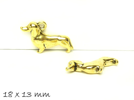 4 Stück Anhänger Hund, Dackel, gold, 18 x 13 mm