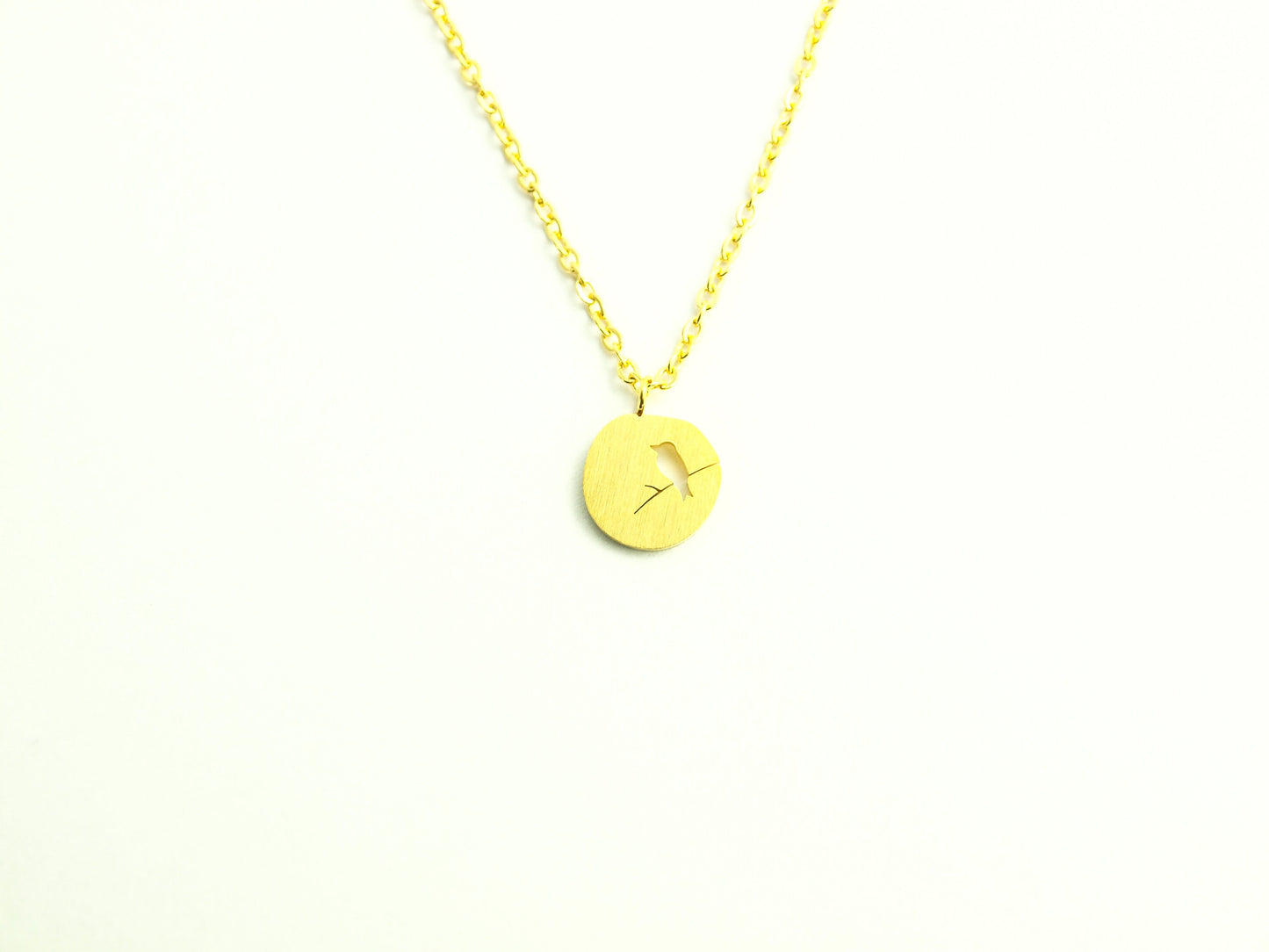 Kette Vogel auf Zweig Baum rund Edelstahl Anhänger golden