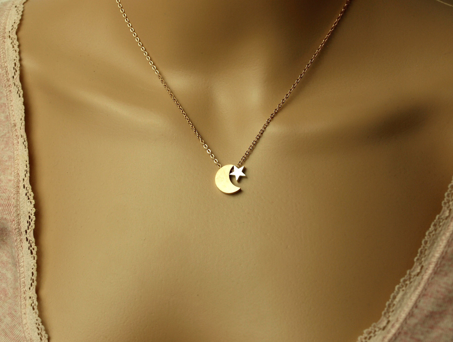 Kette Mond Stern Nacht Himmel Edelstahl Anhänger rosé golden silbern