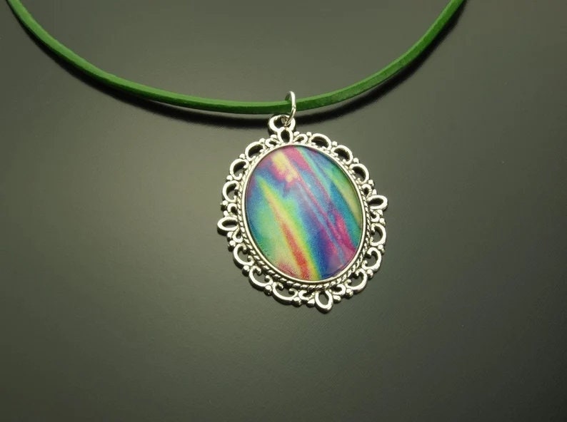 Kette Leder Cabochon Glas farbig bunt retro Muster nach Wahl silber golden bronze