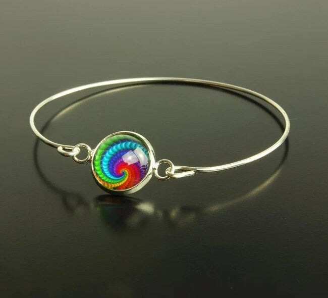 Armreif retro farbig bunt Cabochon Glas Spiralreif silber bronze Muster nach Wahl