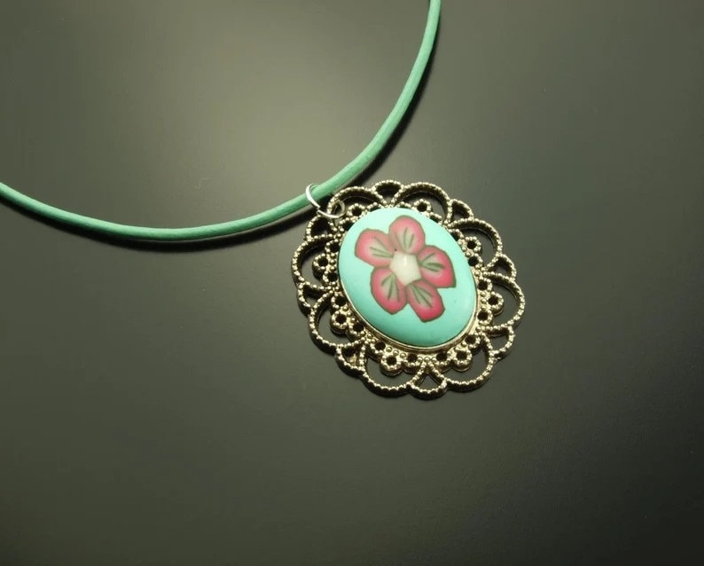 Kette Leder Cabochon Polymer Clay farbig bunt retro Muster nach Wahl