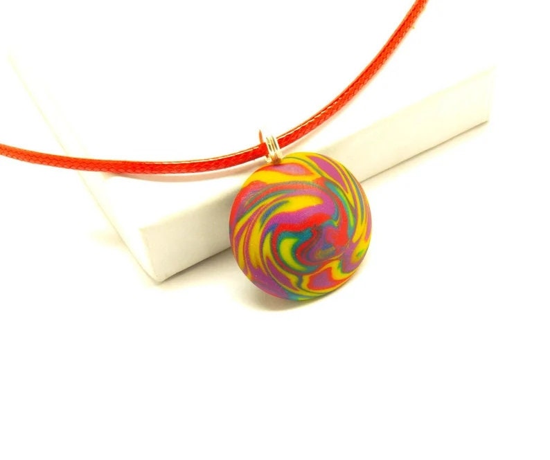 Kette Leder Cabochon Polymer Clay farbig bunt retro Muster nach Wahl