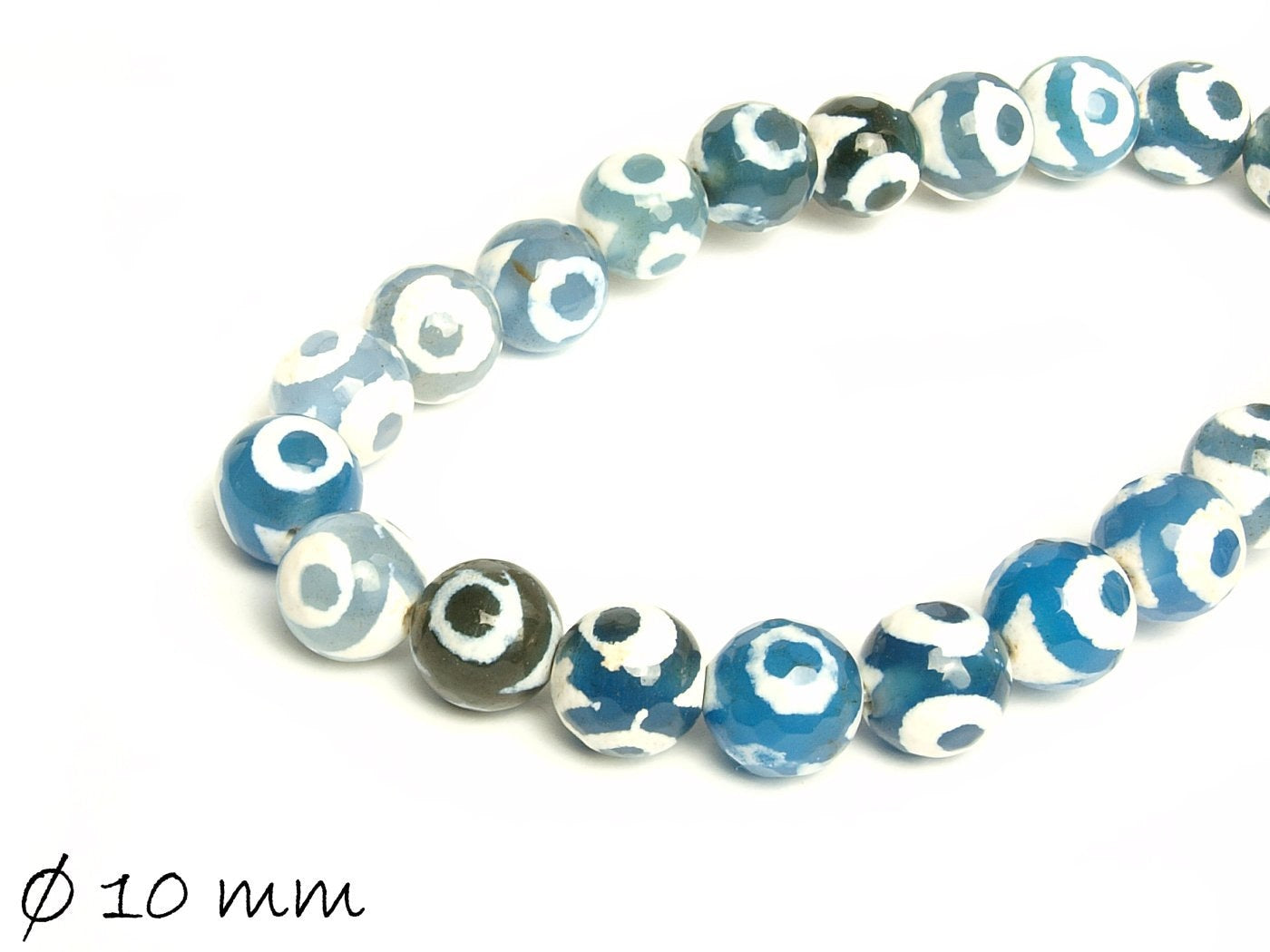 10 Stück blau-weiß gestreifte Achatperlen, facettiert, Ø 10 mm