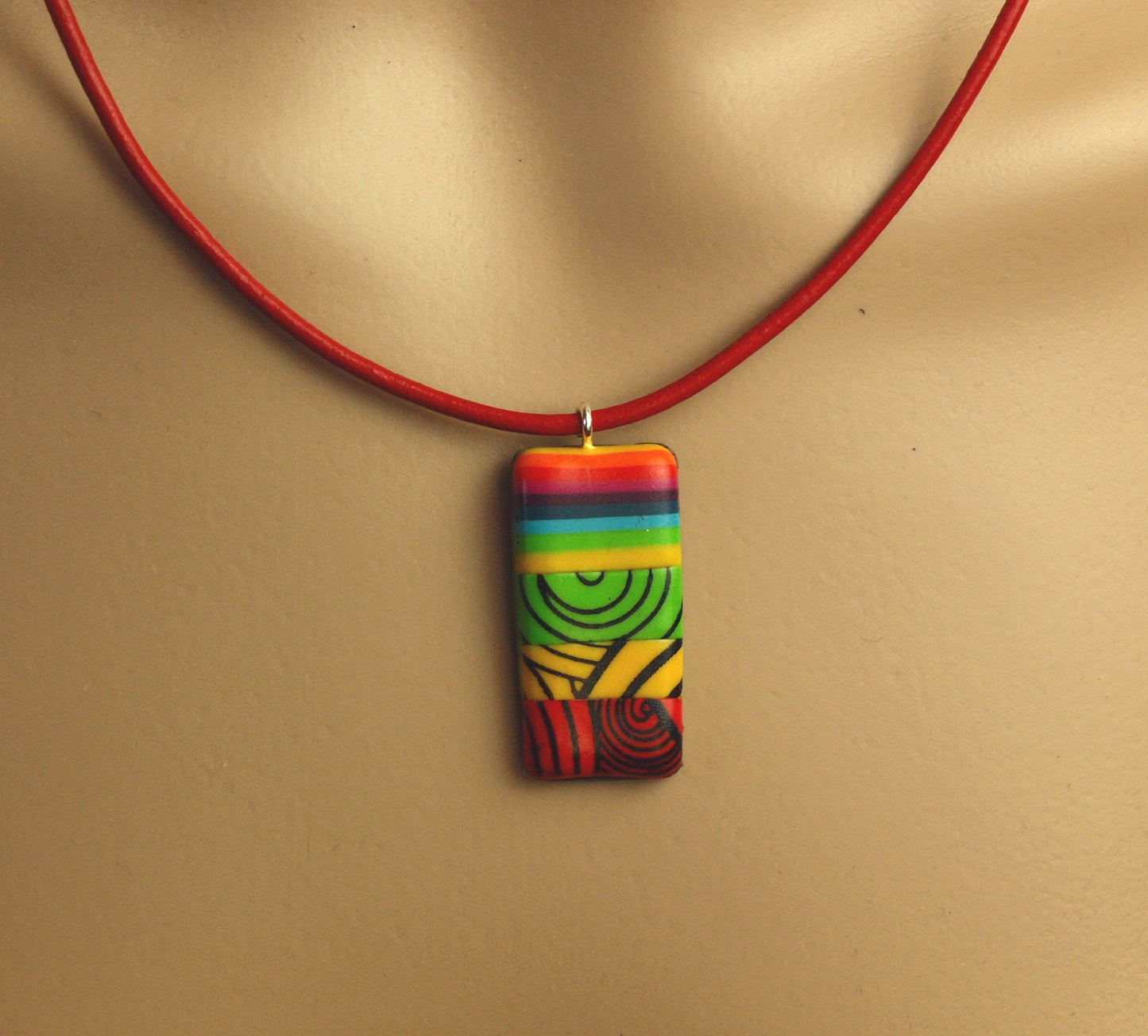 Surferkette Leder Rechteck Polymer Clay Streifen bunt Linien retro Lederkette Muster nach Wahl