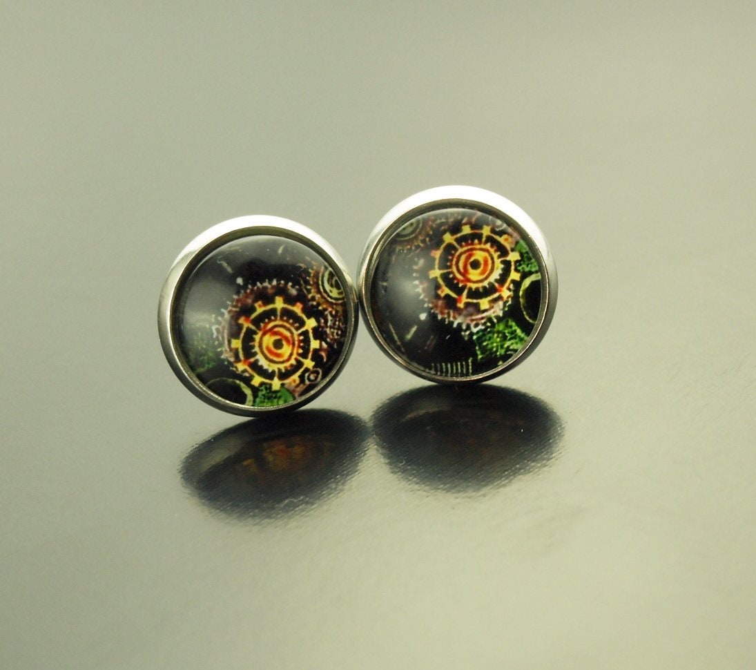 Ohrringe Steampunk Zahnrad Uhr vintage Muster Glas Papier Cabochon nach Wahl