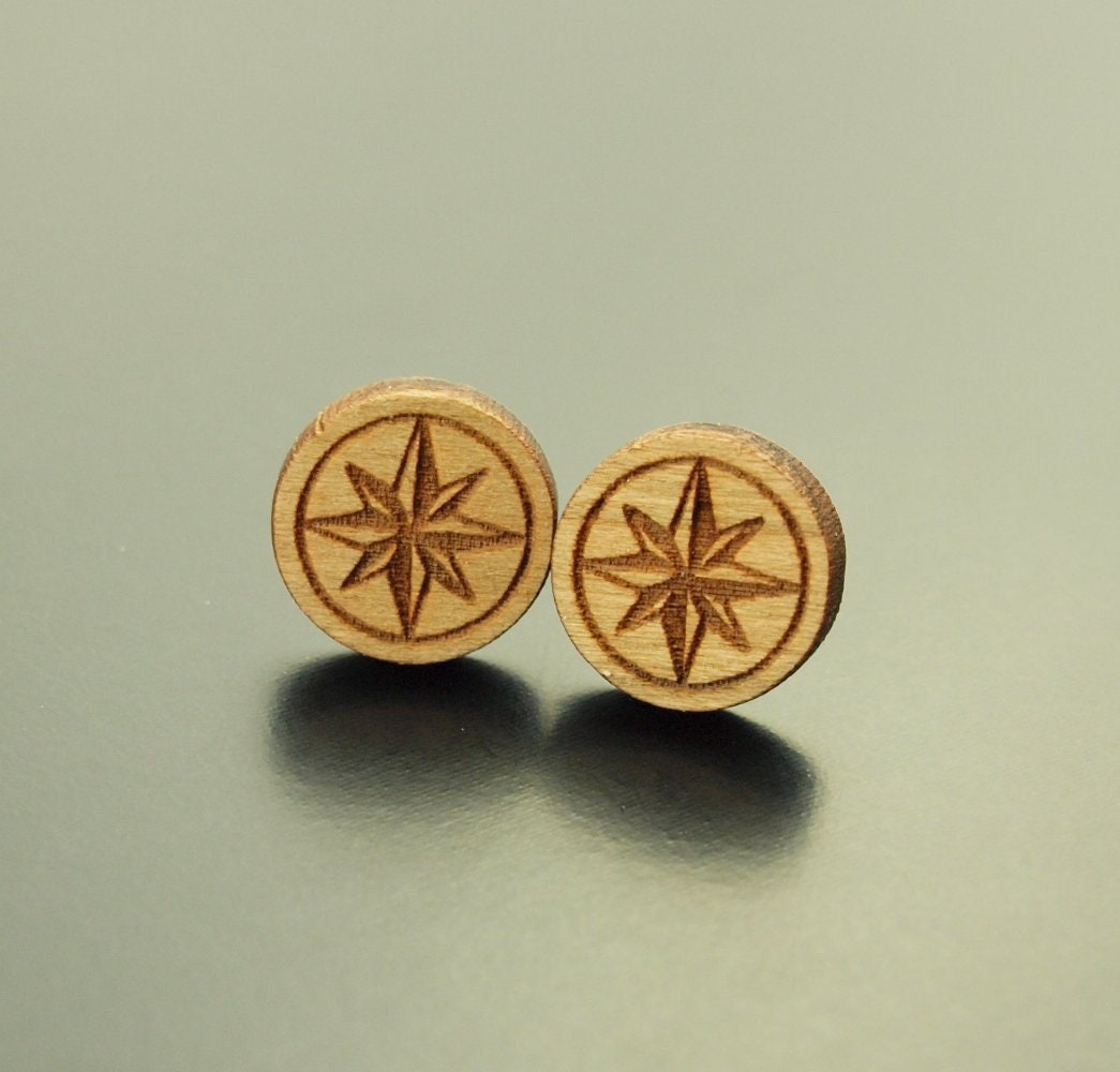 Ohrstecker Kompass Scheibe rund Holz Ohrringe Stecker Muster nach Wahl