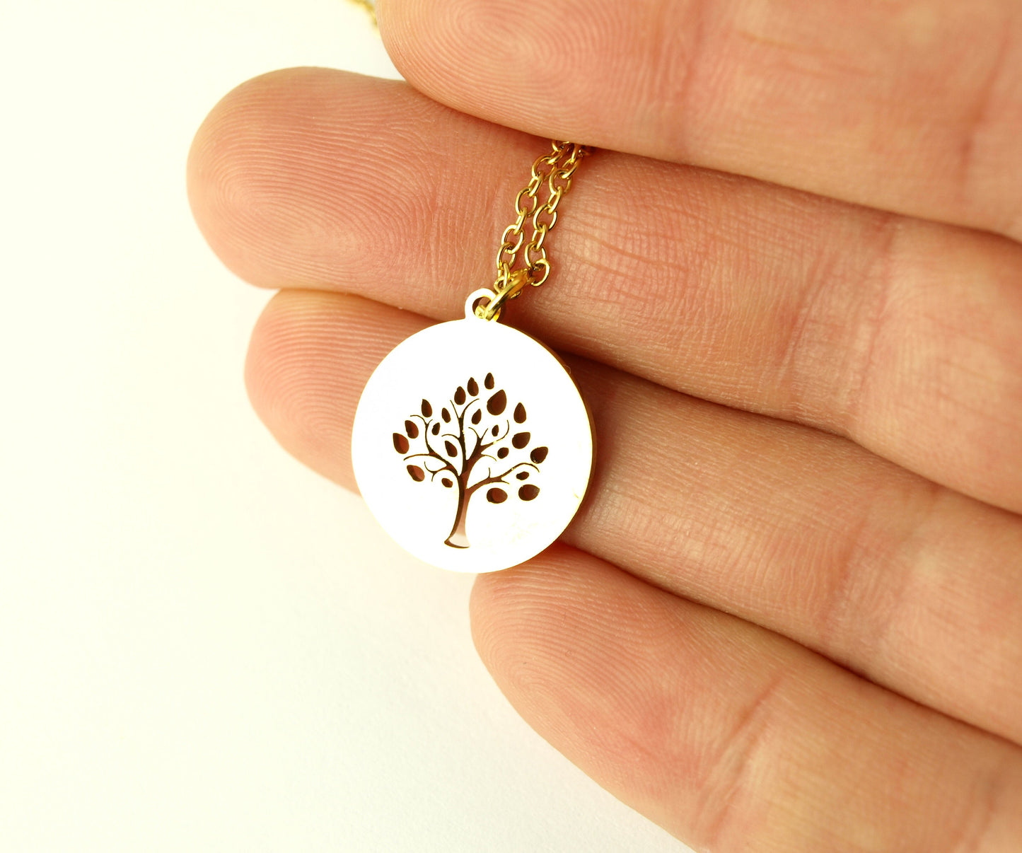 Kette Edelstahl Baum Lebensbaum Anhänger Scheibe rund golden