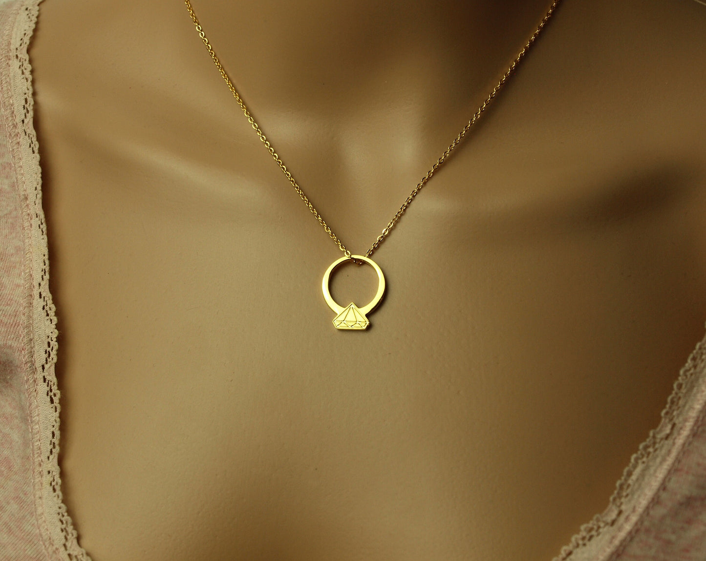 Kette Edelstahl Ring mit Diamant geometrisch Schmuck golden