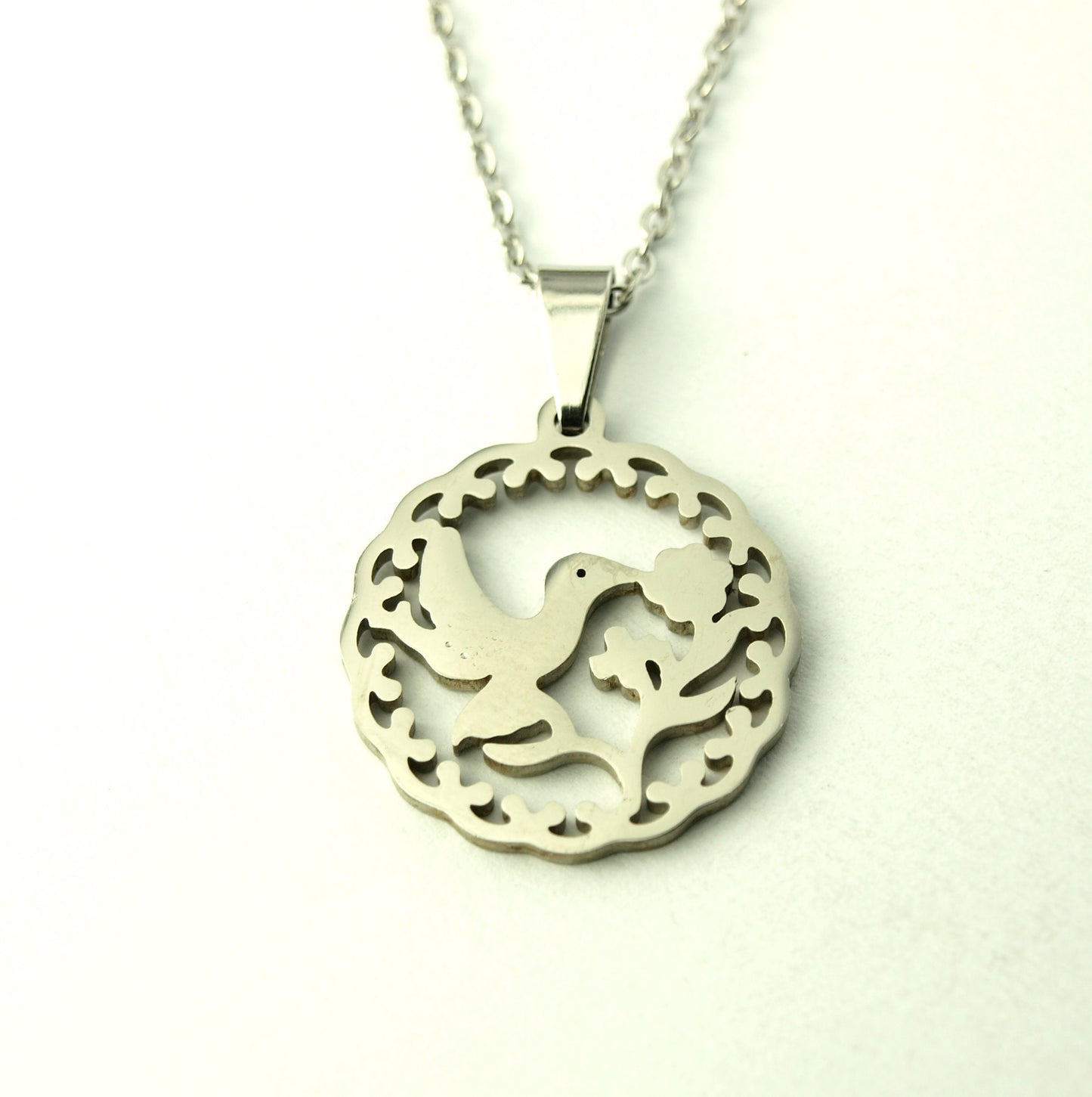 Kette Kolibri an Blüten Vogel Edelstahl Anhänger rund silbern