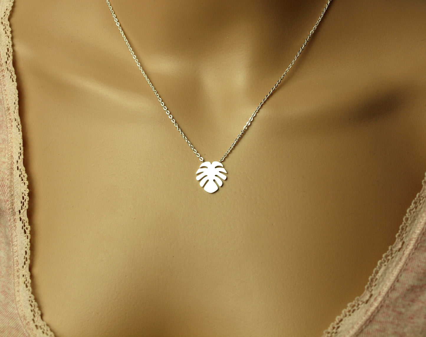 Kette Edelstahl Monstera Palme Blatt Anhänger silbern