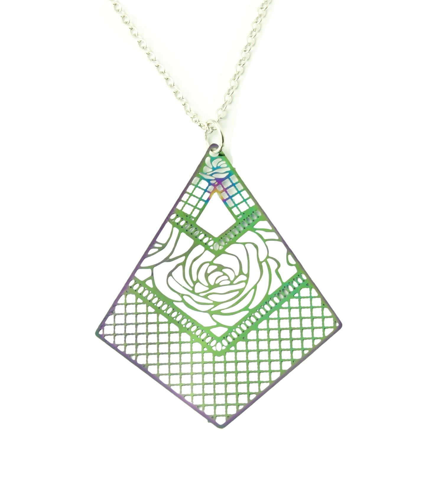 Kette Drachen mit Rose Blume Anhänger Edelstahl silbern bunt Blüte