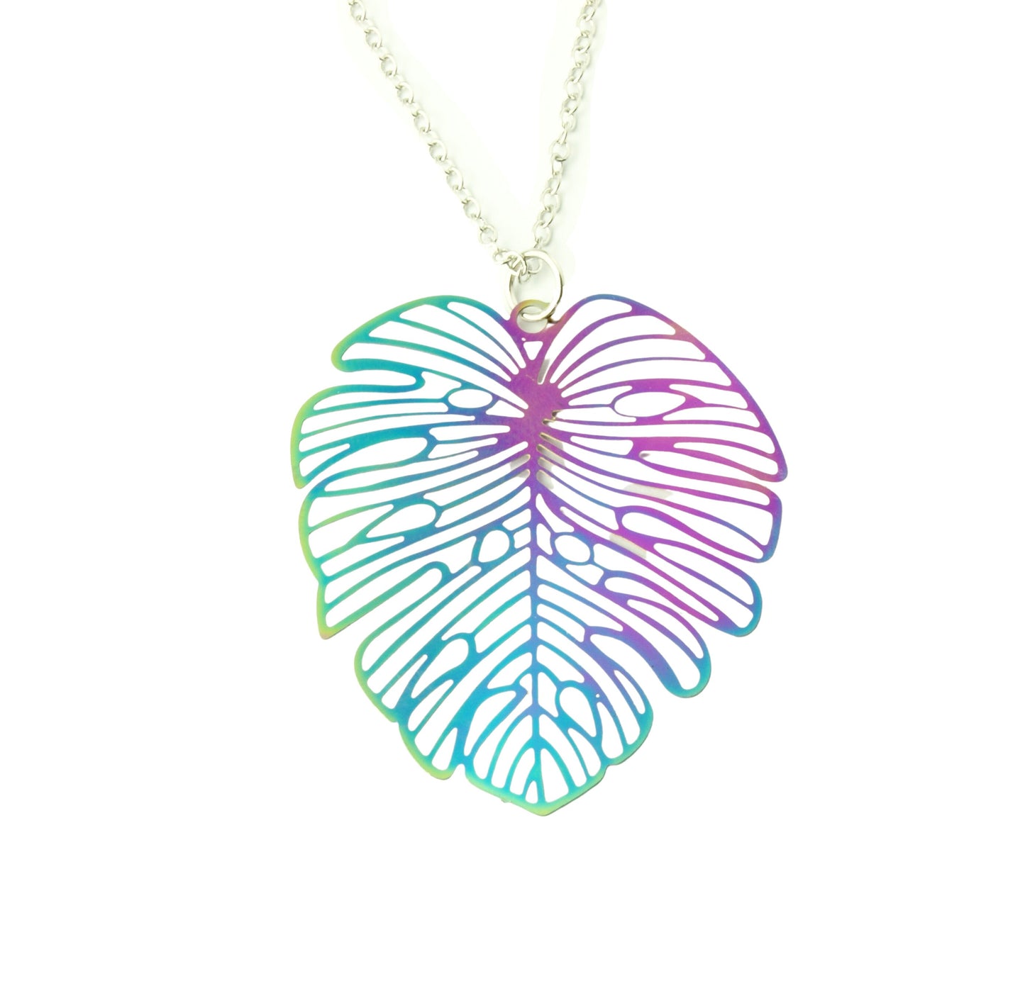 Kette Edelstahl Monstera Palme Blatt Anhänger silbern Regenbogen bunt