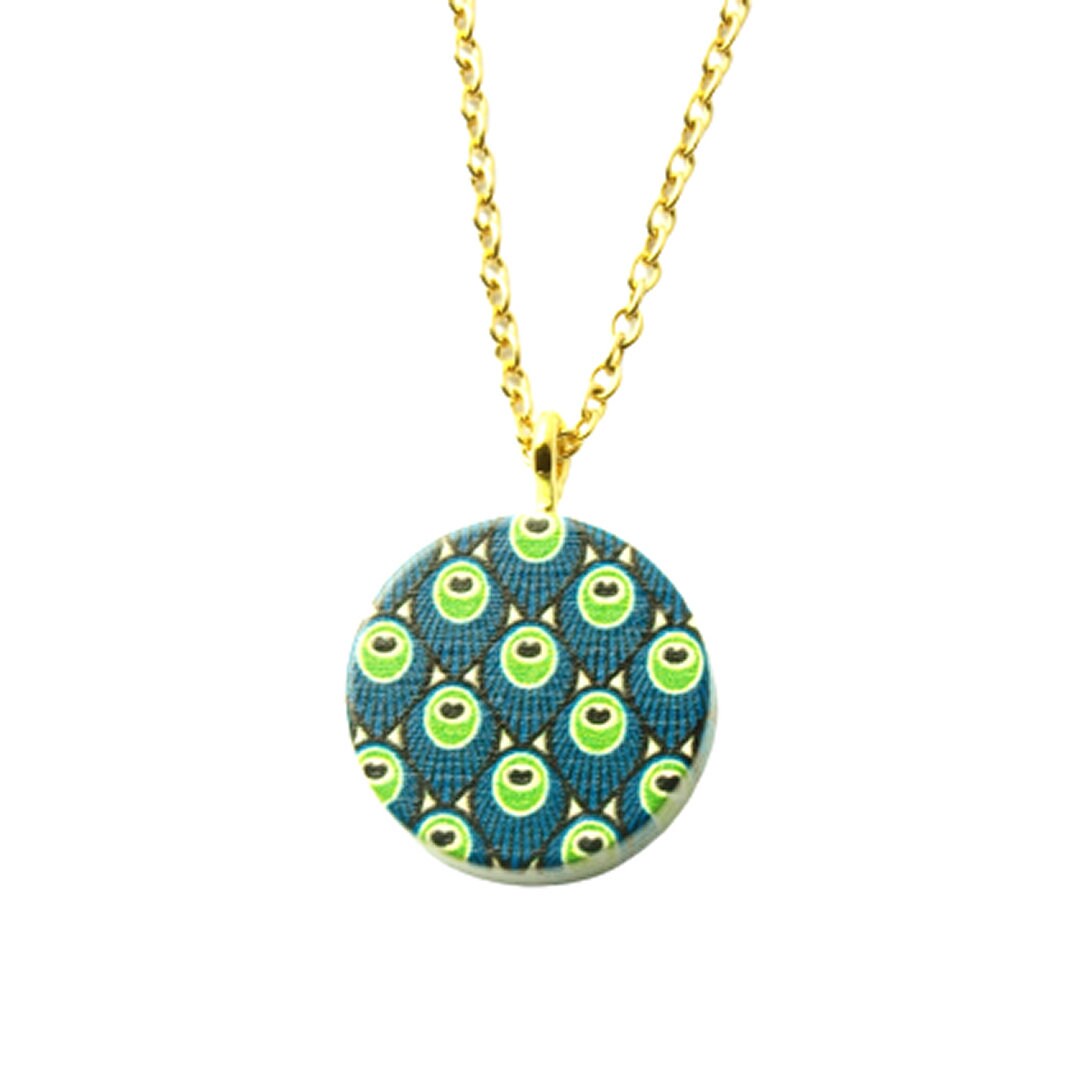 Kette Holz Pfauen Federn Vogel blau grün Anhänger Edelstahl golden