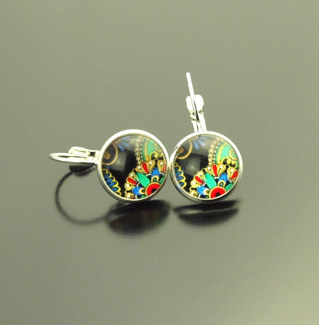Ohrringe Blüten Muster schwarz bunt Blumen Glas Papier Cabochon nach Wahl