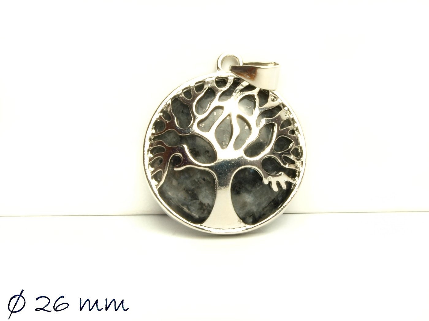 1 Stück Anhänger Edelstein Larvikite, Tree of Life, Lebensbaum, Ø 26 mm