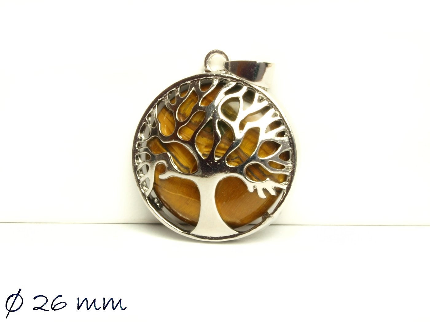 1 Stück Anhänger Edelstein Tigerauge, Tree of Life, Lebensbaum, Ø 26 mm
