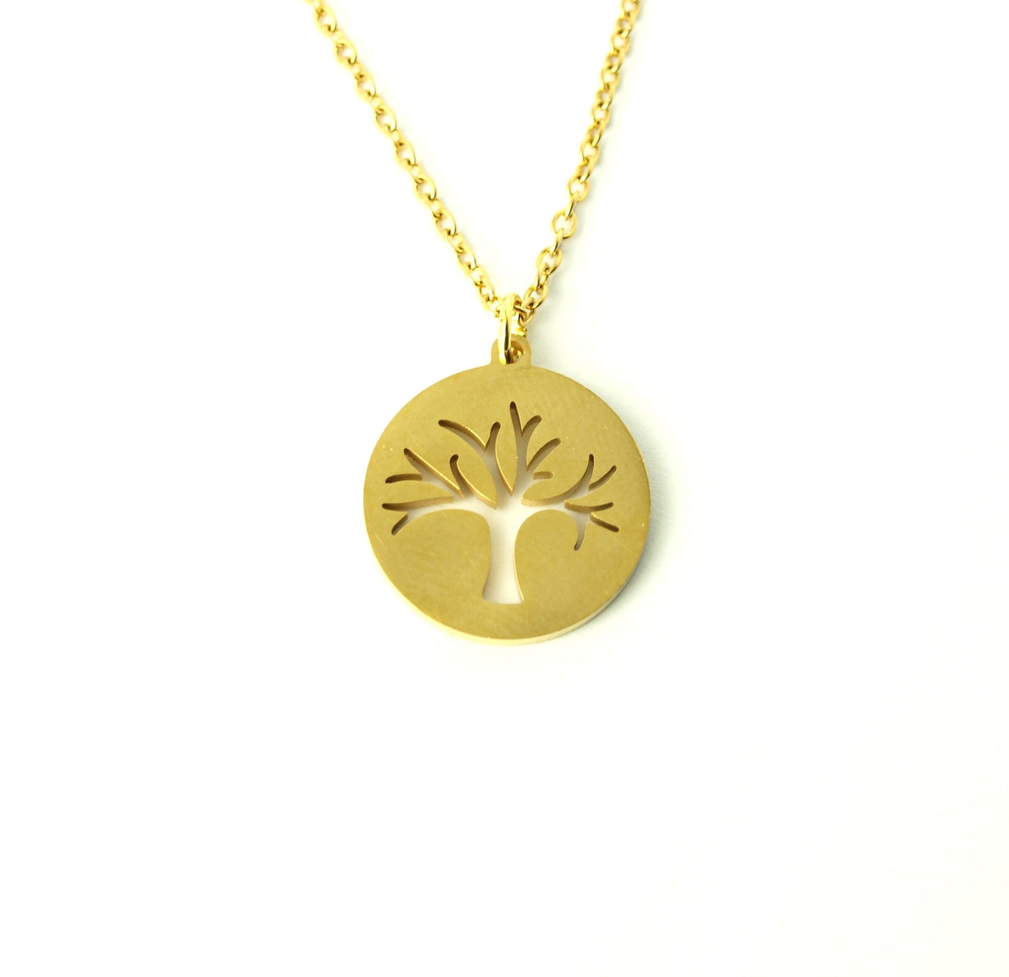 Kette Edelstahl Baum Lebensbaum Anhänger Scheibe rund golden