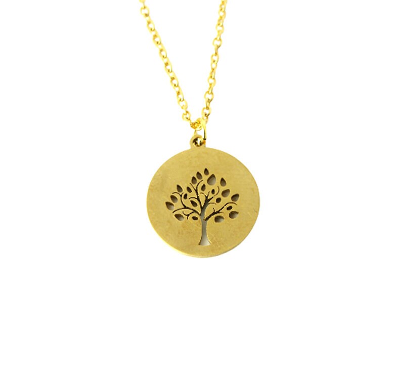 Kette Edelstahl Baum Lebensbaum Anhänger Scheibe rund golden