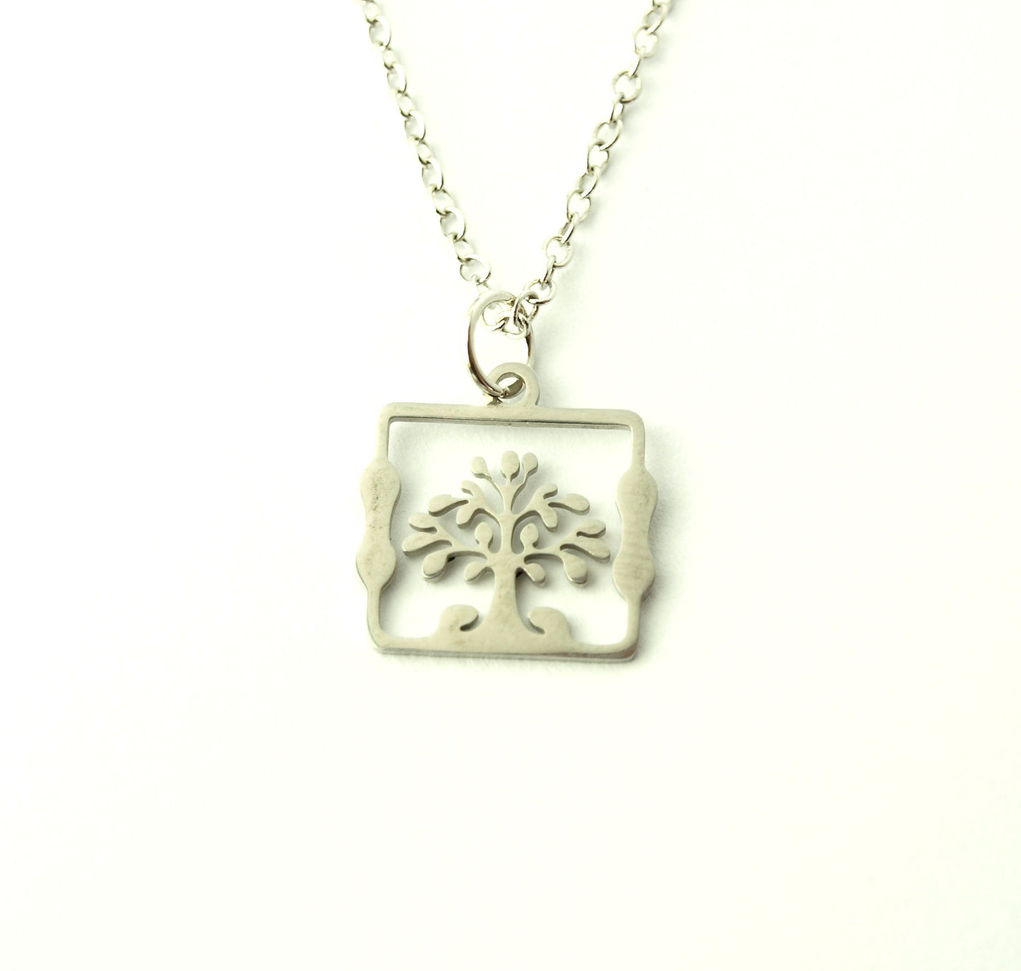 Kette Edelstahl Baum Lebensbaum Anhänger rund viereckig Muster nach Wahl silbern