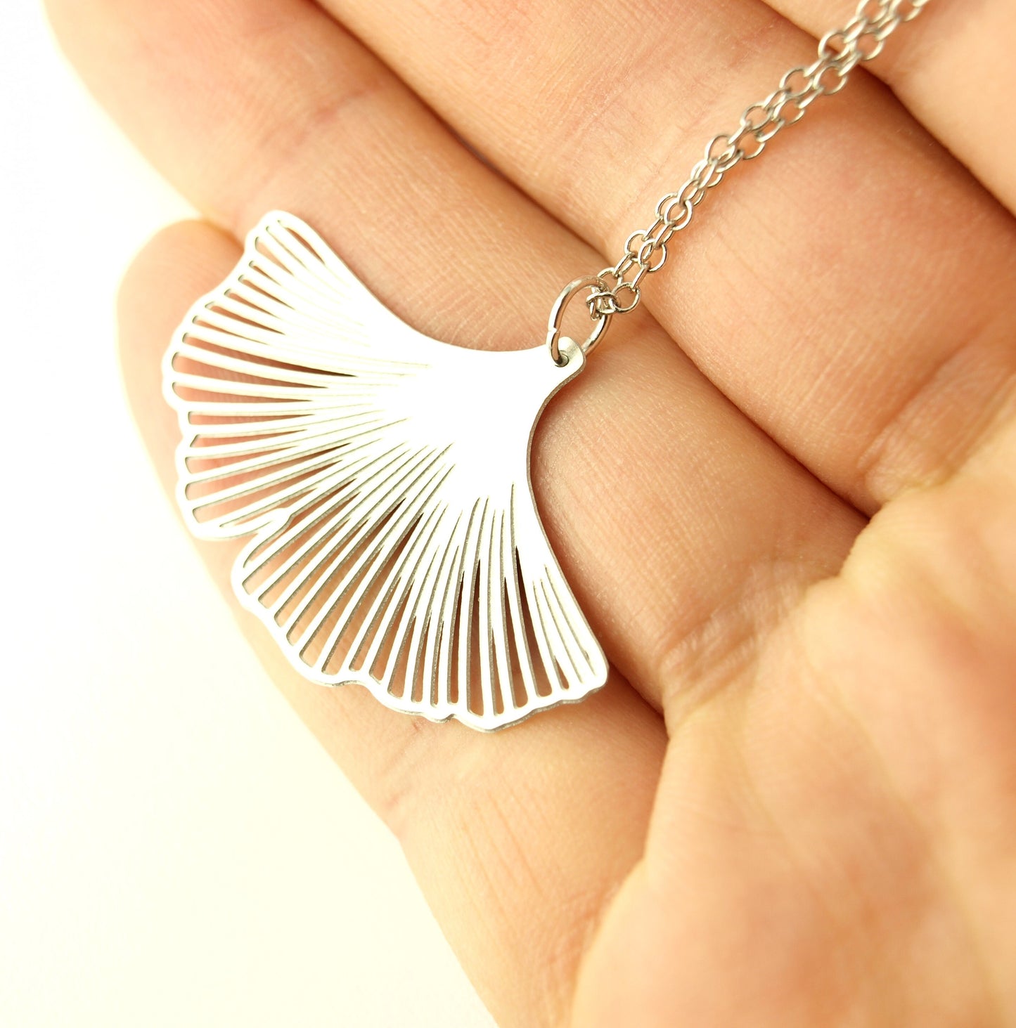 Kette Ginkgo Blatt Edelstahl Anhänger silbern