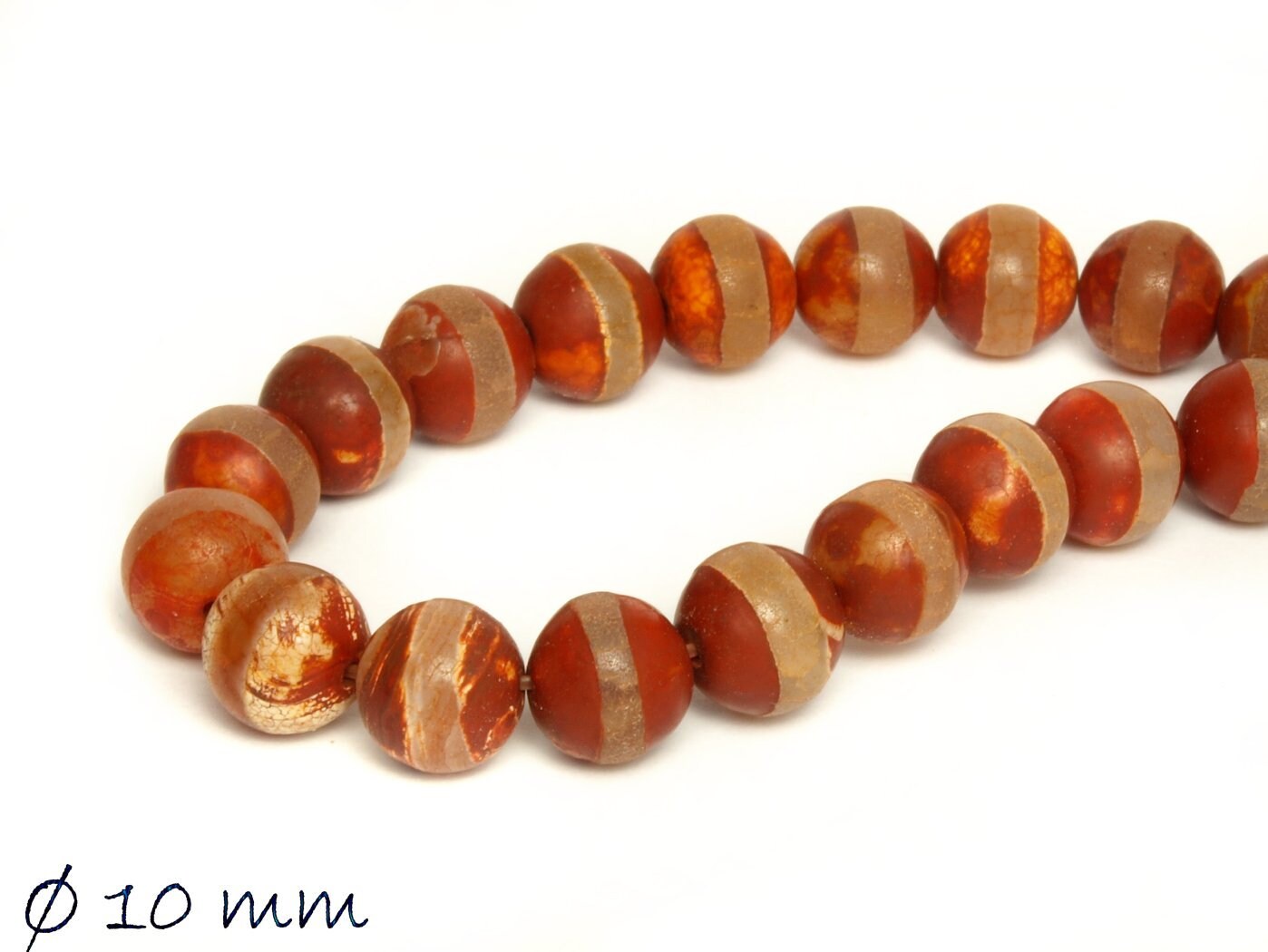 10 Stück rotbraune Edelstein Perlen, Achat, Ø 10 mm, Streifen