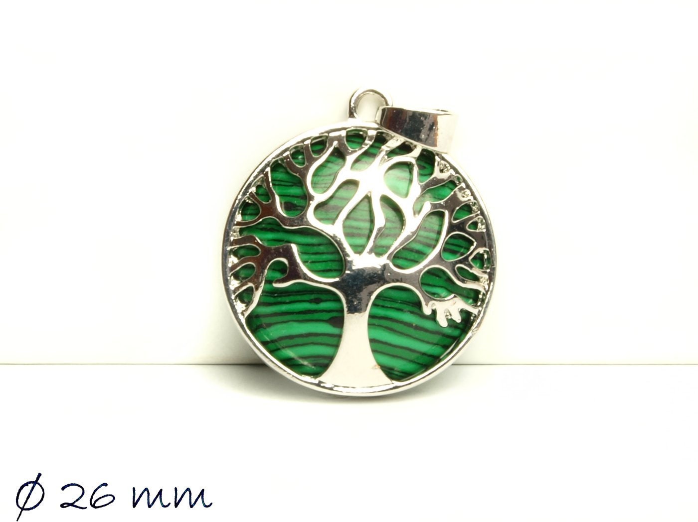 1 Stück Anhänger Edelstein synthetischer Malachit, Tree of Life, Lebensbaum, Ø 26 mm