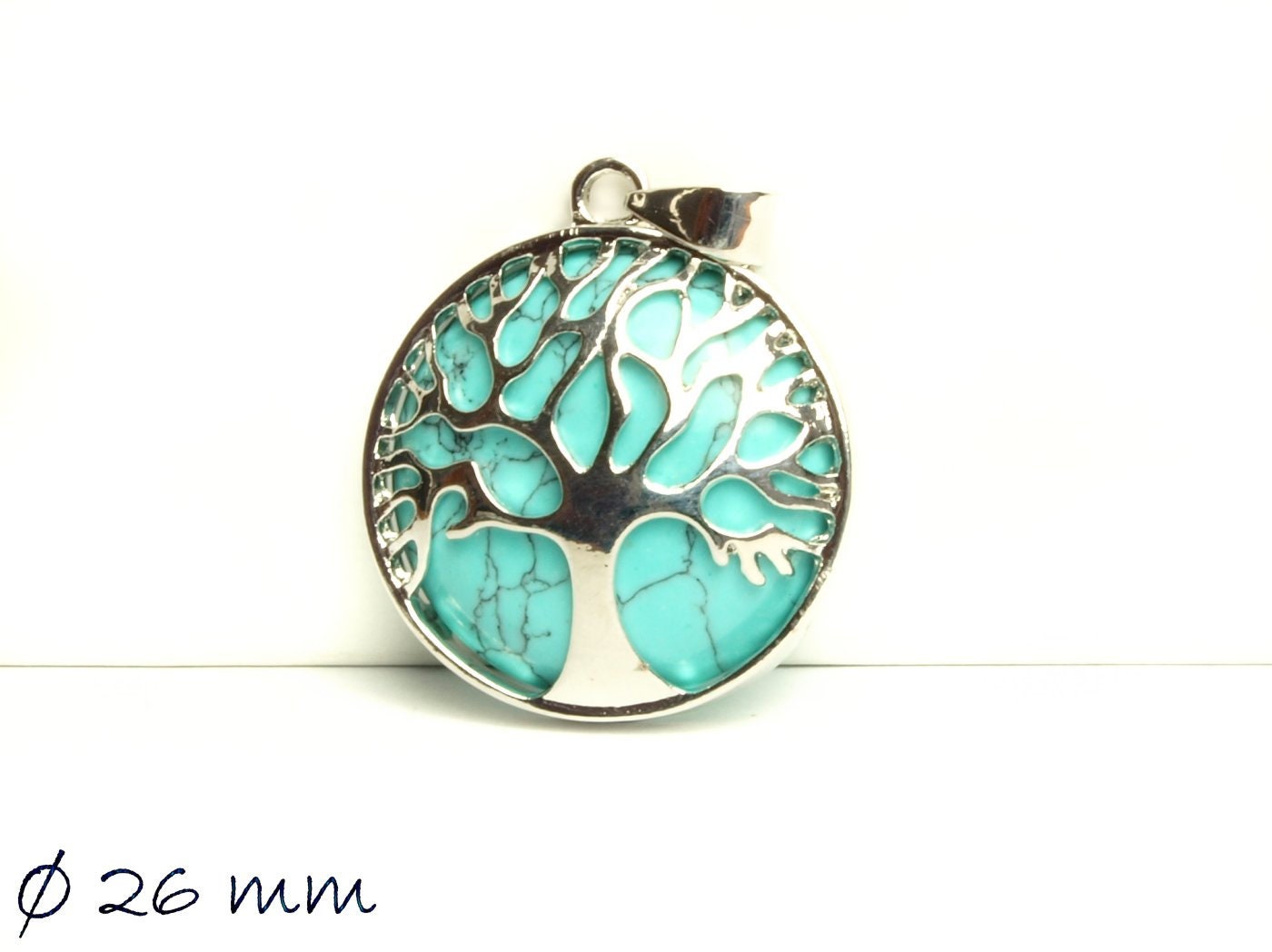 1 Stück Anhänger Edelstein synthetischer Türkis, Tree of Life, Lebensbaum, Ø 26 mm