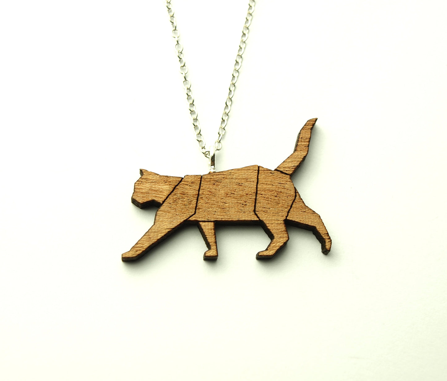 Kette Holz Katze Anhänger Gliederkette silbern