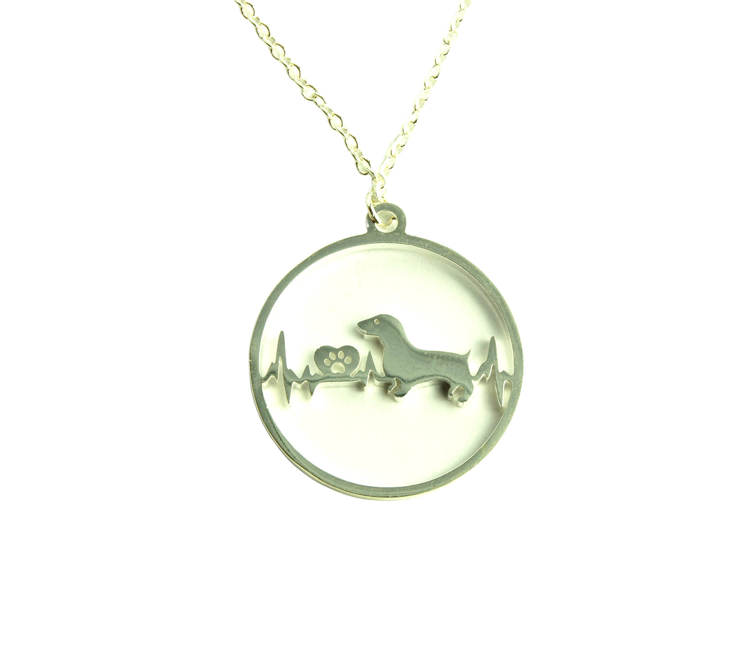 Kette Dackel Hund Herzschlag Puls Herz Pfote Tatze Liebe Freundschaft Anhänger rund Kreis Farbe nach Wahl silbern golden rosegolden