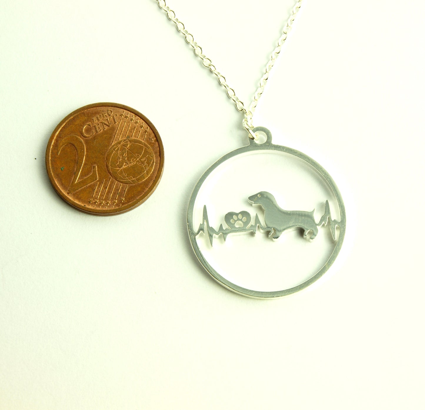 Kette Dackel Hund Herzschlag Puls Herz Pfote Tatze Liebe Freundschaft Anhänger rund Kreis Farbe nach Wahl silbern golden rosegolden