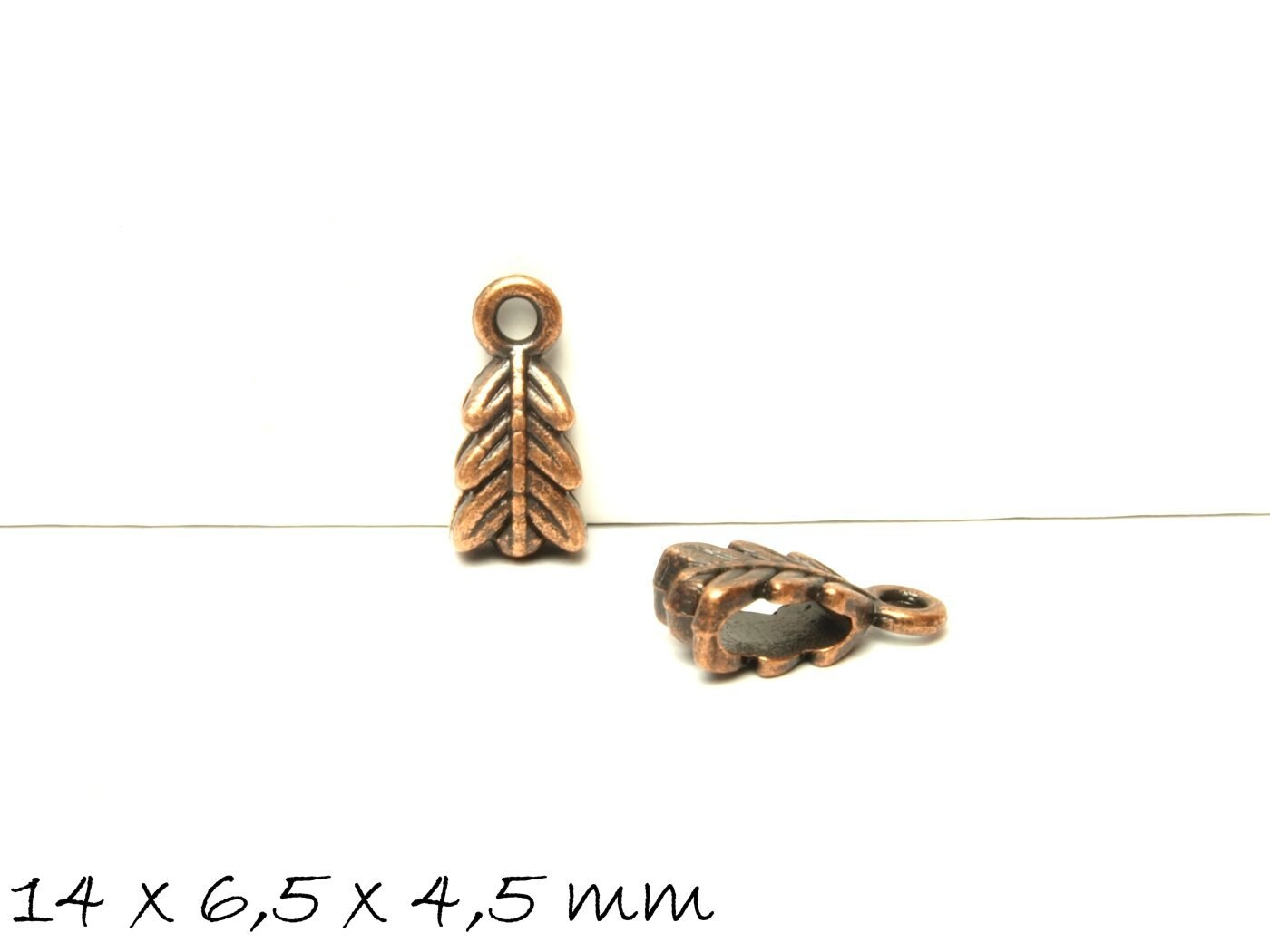 10 Stück Anhängerschlaufen, Blatt in kupfer 14 x 6,5 x 4,5 mm