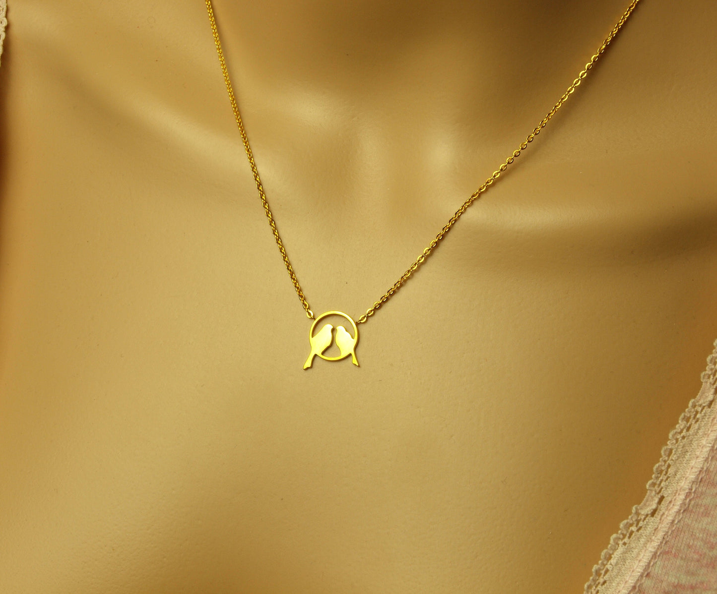 Kette Vögel auf Zweig Paar Liebe Freundschaft Edelstahl Anhänger golden