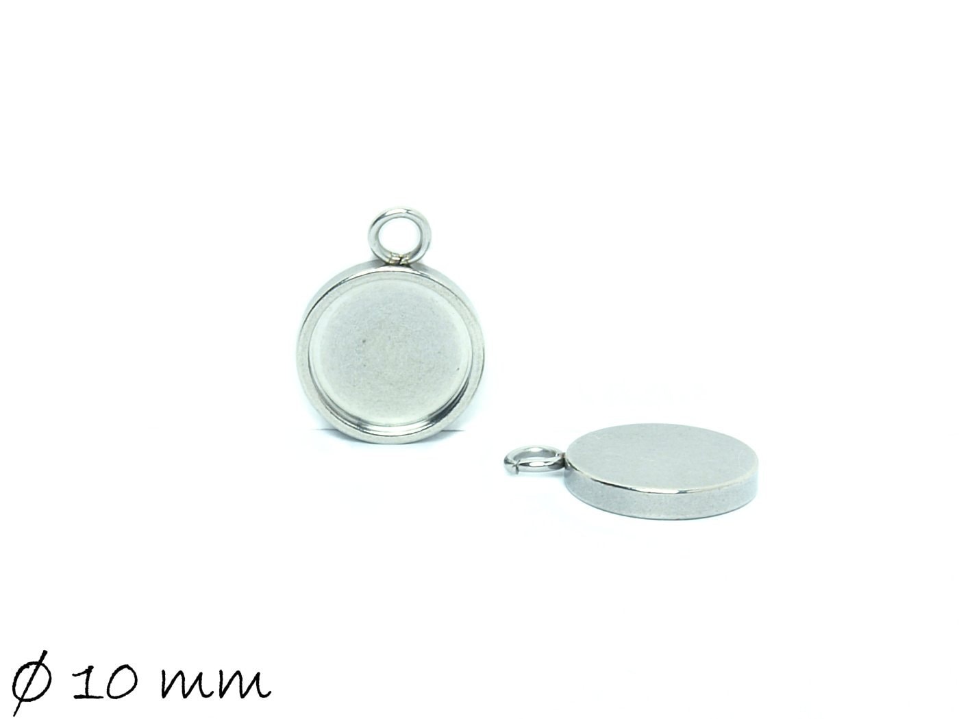 2 Stück Massive Anhänger mit Fassung für Cabochons, Edelstahl, Silber, 10 mm