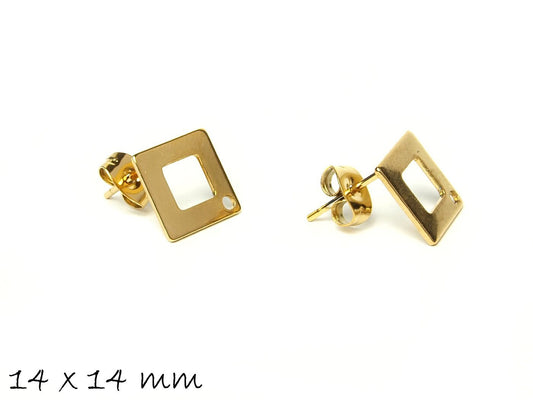 10 Stück Ohrstecker mit Öse Edelstahl, gold, Quadrat, Ohrringe, 14 x 14 mm