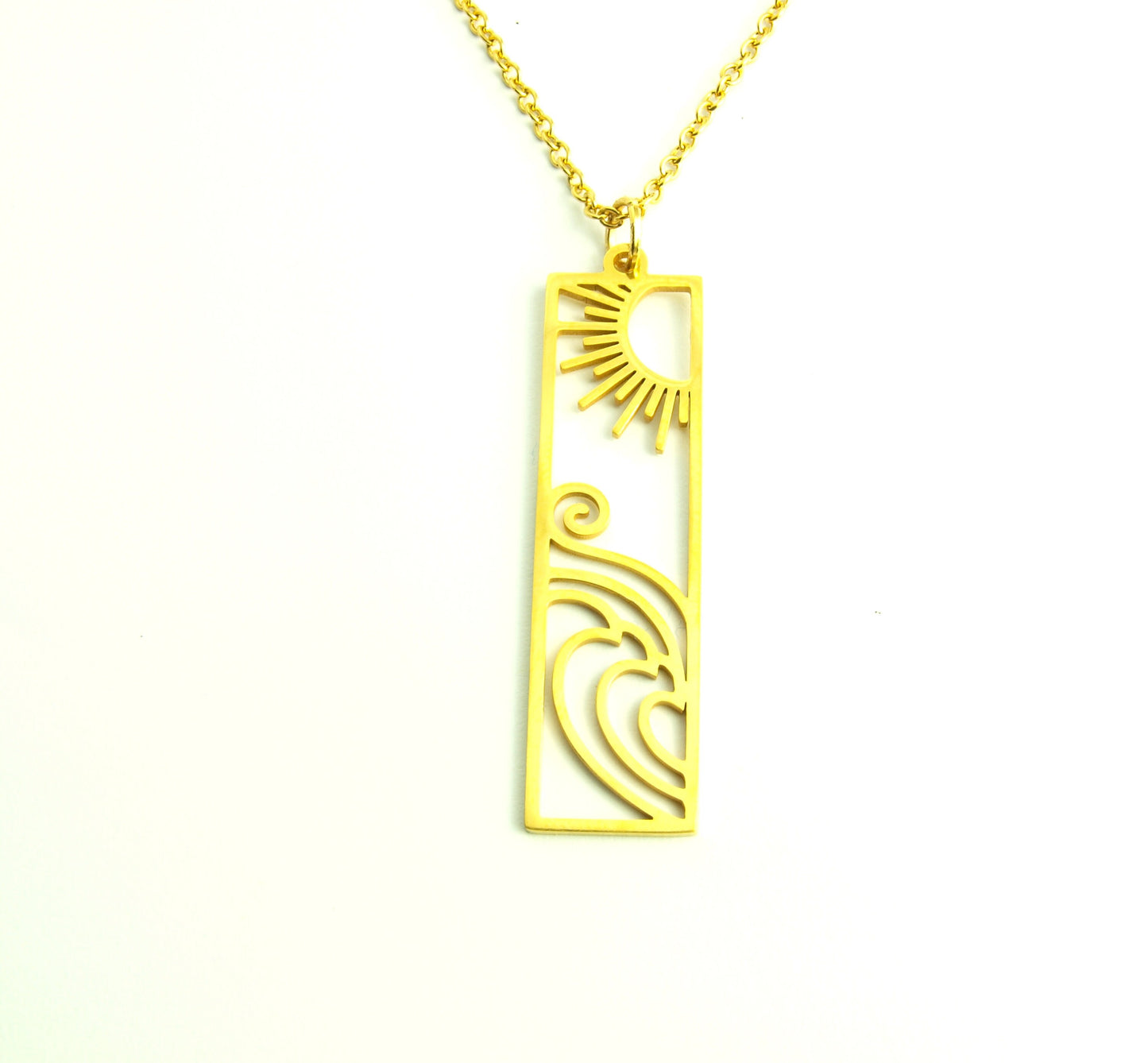Kette Welle Sonne Meer Anhänger Rechteck Edelstahl golden