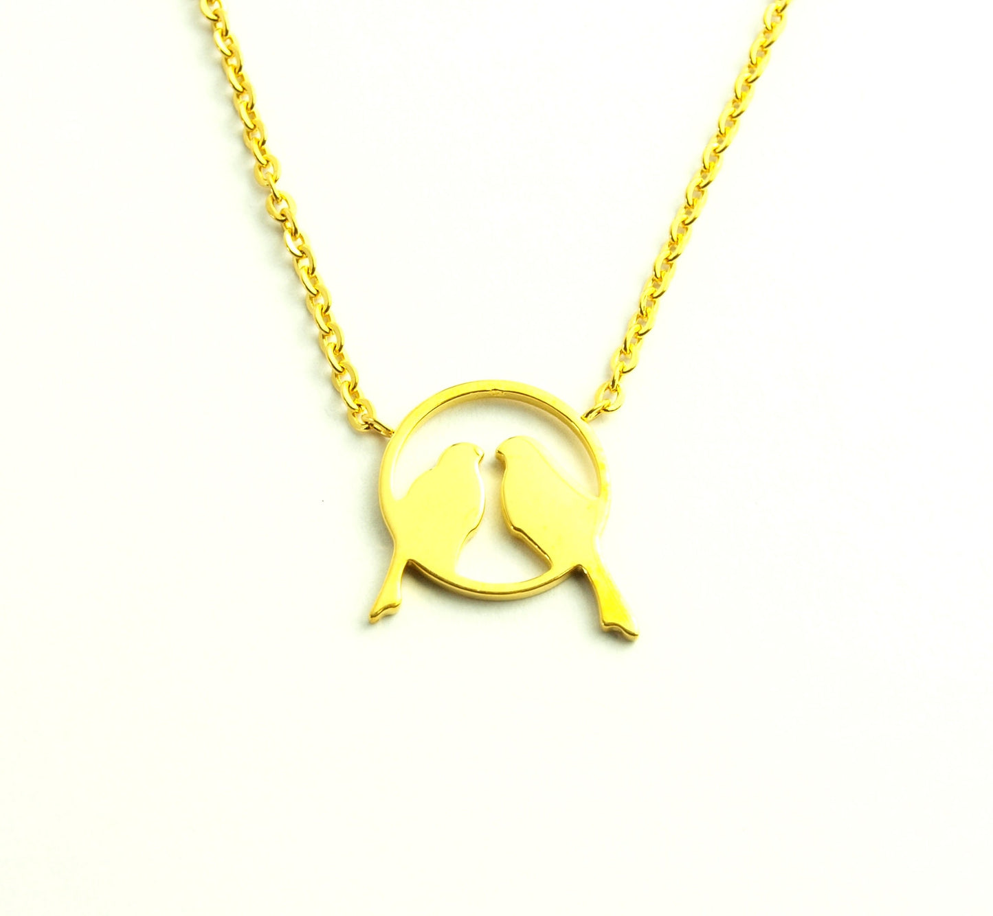 Kette Vögel auf Zweig Paar Liebe Freundschaft Edelstahl Anhänger golden