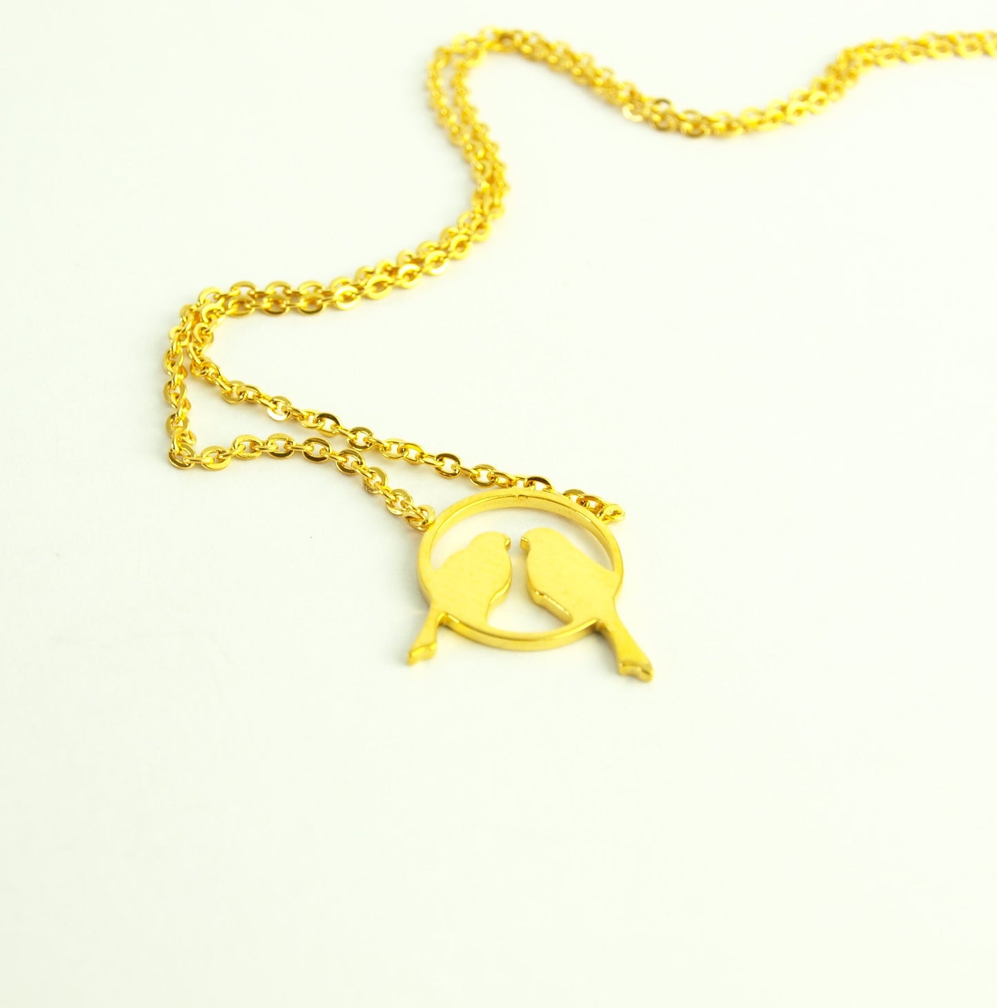 Kette Vögel auf Zweig Paar Liebe Freundschaft Edelstahl Anhänger golden