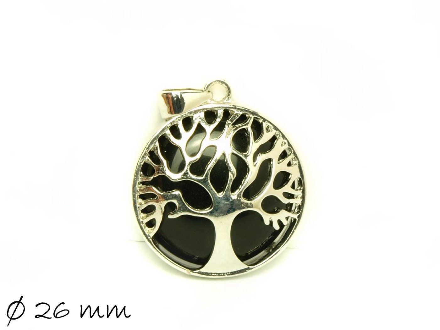 1 Stück Anhänger Edelstein schwarzer Achat, Tree of Life, Lebensbaum, Ø 26 mm