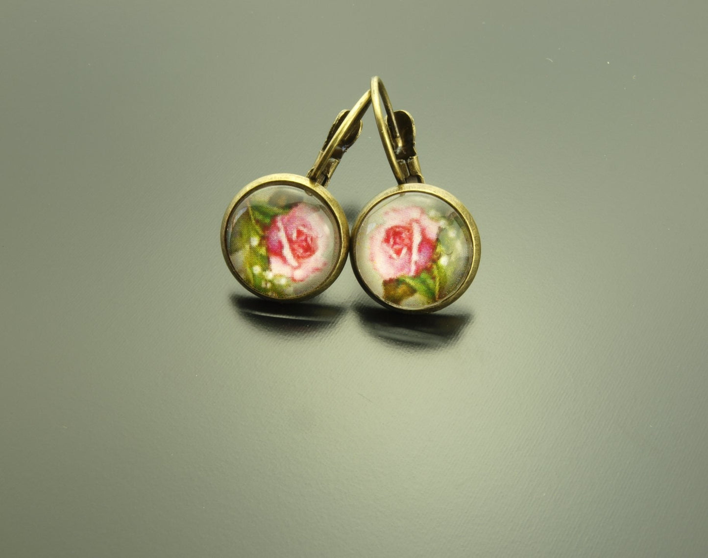 Ohrringe nach Wahl Cabochon Glas Fimo Rose rot weiß rosa blau retro Muster