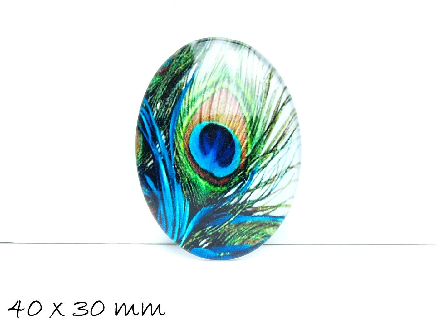 1 Stück beklebter Glas Cabochon, Pfau, Feder, 40 x 30 mm
